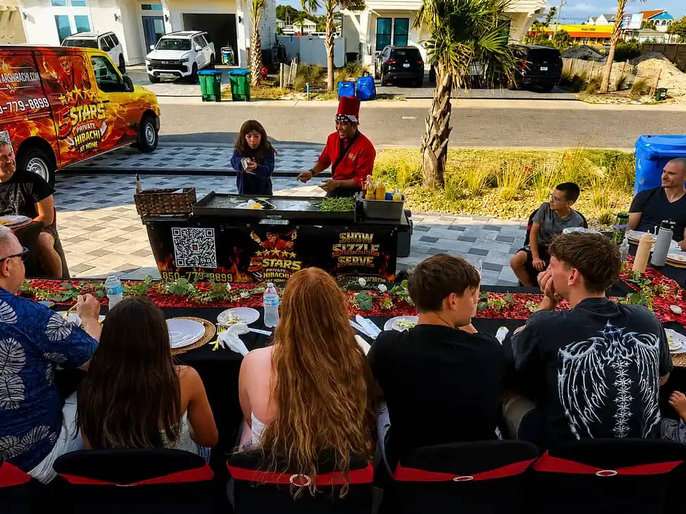 Live hibachi cooking at a vacation rental with the Five Star van